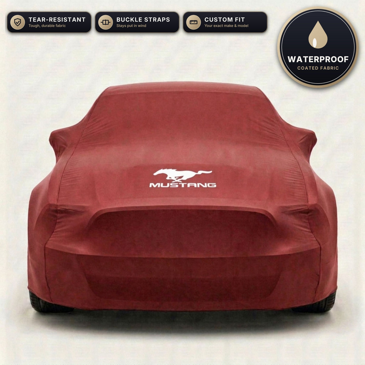 Red Ford Mustang outdoor car cover, waterproof and custom fit, with printed Mustang logo