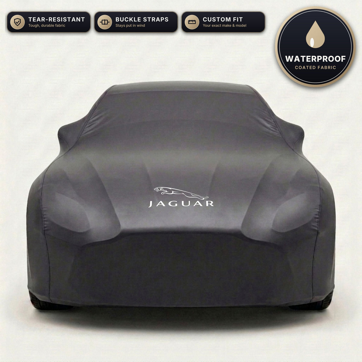 Black Jaguar outdoor car cover, waterproof and custom fit, with printed Jaguar logo