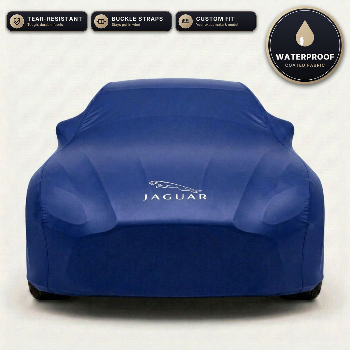 Blue Jaguar outdoor car cover, waterproof and custom fit, with printed Jaguar logo