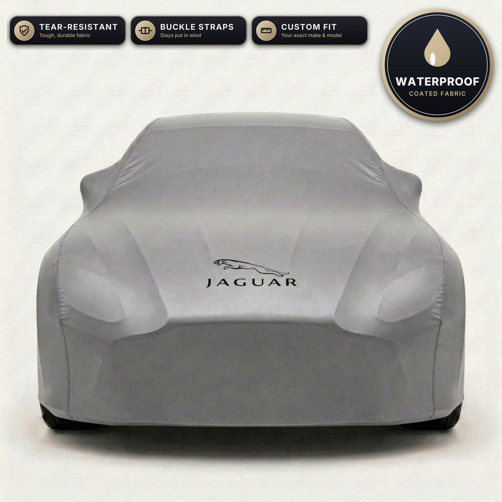 Gray Jaguar outdoor car cover, waterproof and custom fit, with printed Jaguar logo