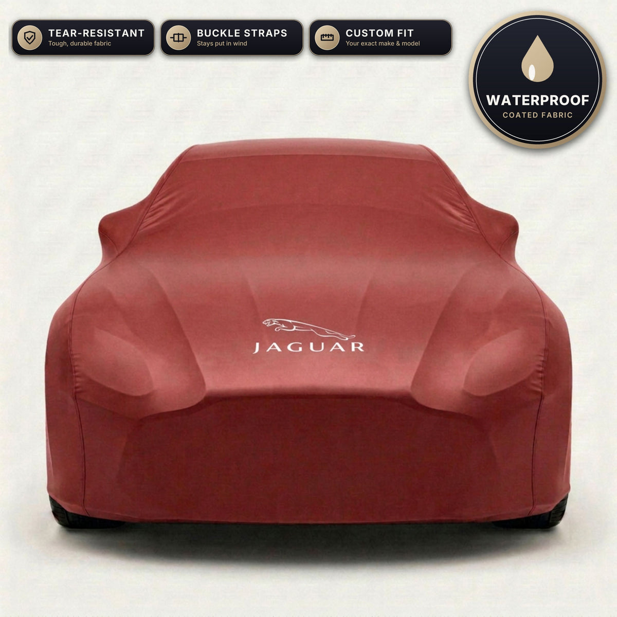Red Jaguar outdoor car cover, waterproof and custom fit, with printed Jaguar logo