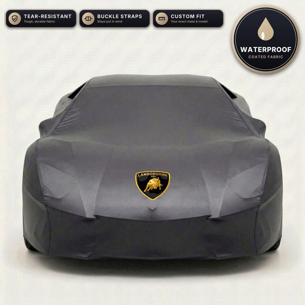 Black Lamborghini outdoor car cover, waterproof and custom fit, with printed Lamborghini logo