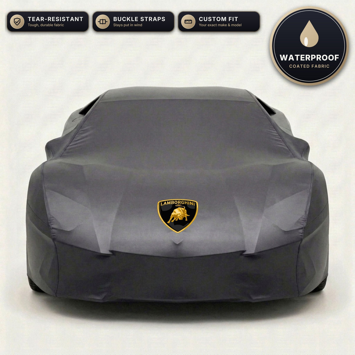 Black Lamborghini outdoor car cover, waterproof and custom fit, with printed Lamborghini logo