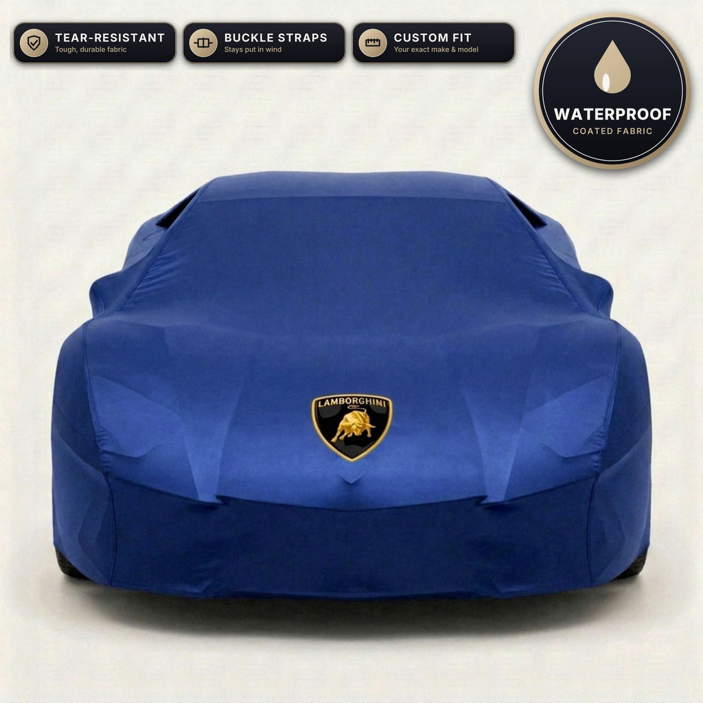 Blue Lamborghini outdoor car cover, waterproof and custom fit, with printed Lamborghini logo