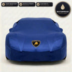 Blue Lamborghini outdoor car cover, waterproof and custom fit, with printed Lamborghini logo
