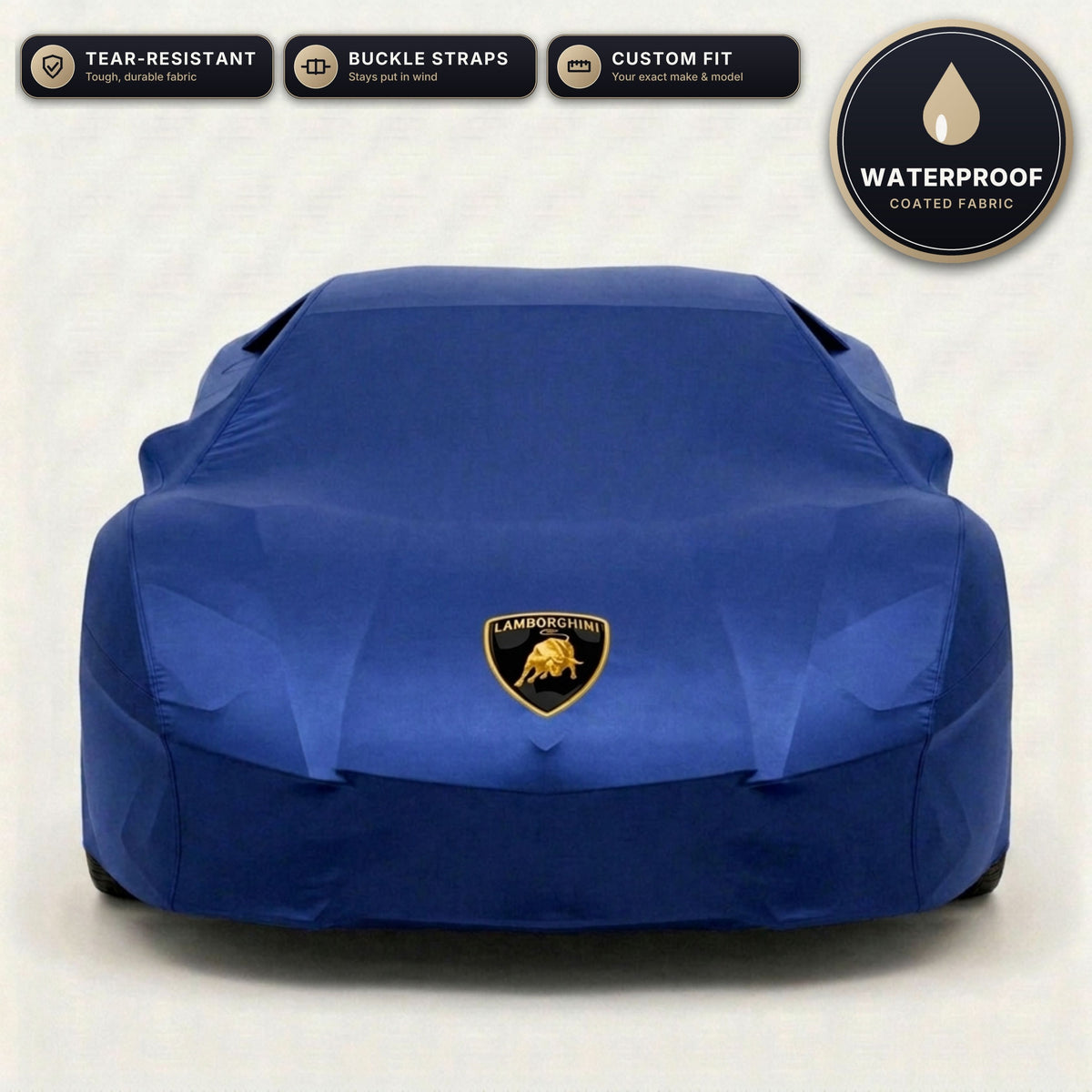 Blue Lamborghini outdoor car cover, waterproof and custom fit, with printed Lamborghini logo