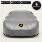 Gray Lamborghini outdoor car cover, waterproof and custom fit, with printed Lamborghini logo