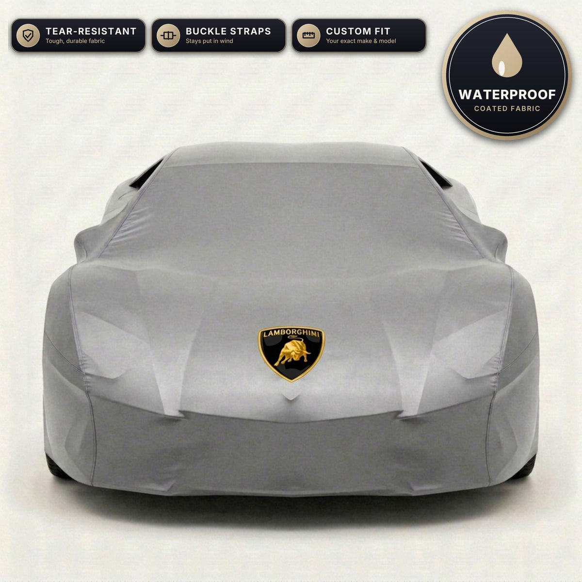 Gray Lamborghini outdoor car cover, waterproof and custom fit, with printed Lamborghini logo