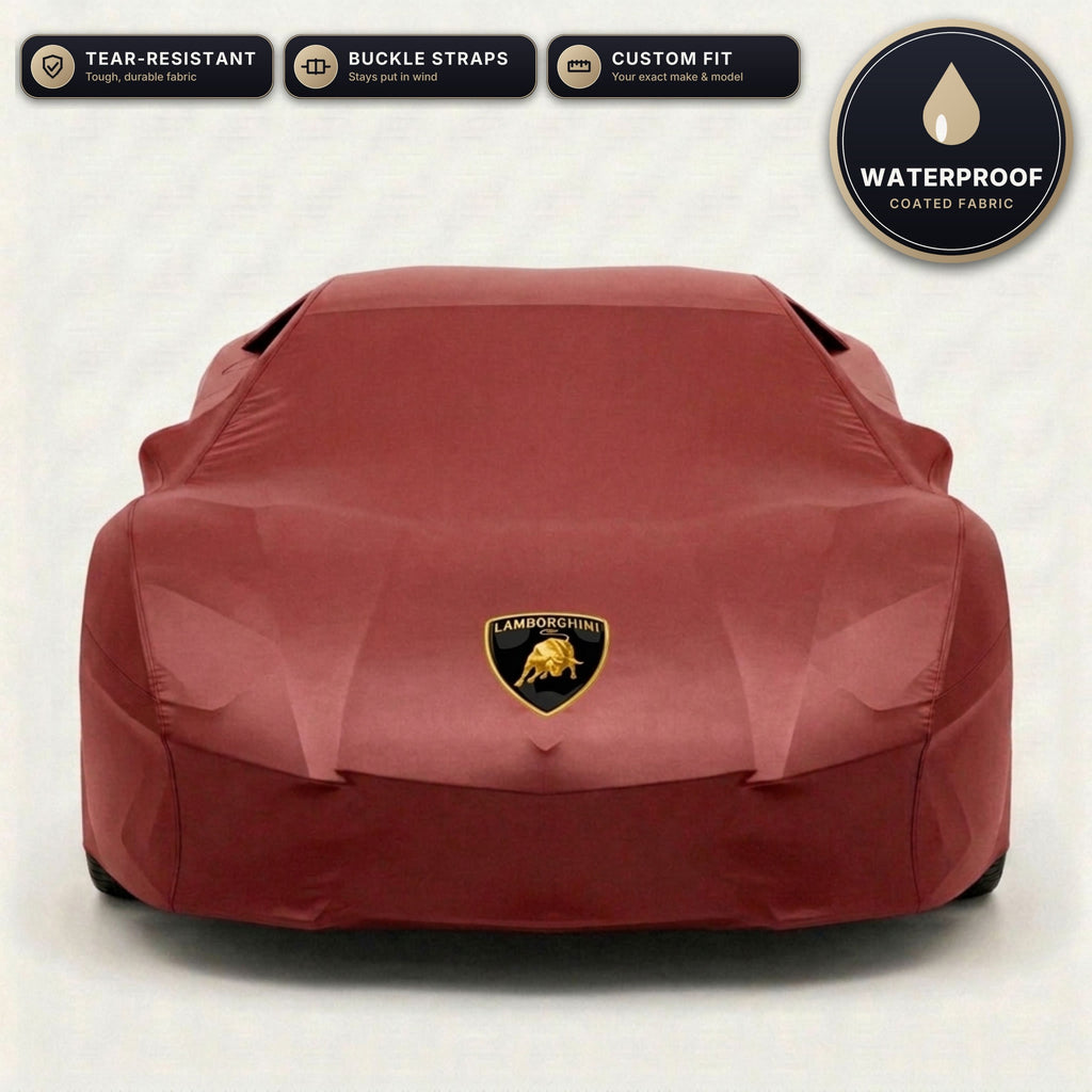 Red Lamborghini outdoor car cover, waterproof and custom fit, with printed Lamborghini logo