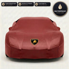 Red Lamborghini outdoor car cover, waterproof and custom fit, with printed Lamborghini logo
