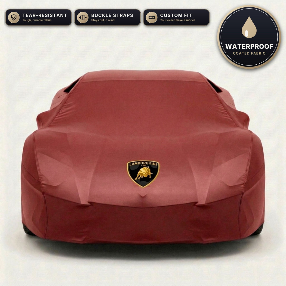 Red Lamborghini outdoor car cover, waterproof and custom fit, with printed Lamborghini logo