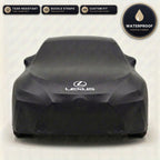 Black Lexus outdoor car cover, waterproof and custom fit, with printed Lexus logo