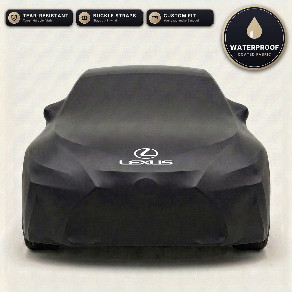 Black Lexus outdoor car cover, waterproof and custom fit, with printed Lexus logo