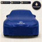 Blue Lexus outdoor car cover, waterproof and custom fit, with printed Lexus logo