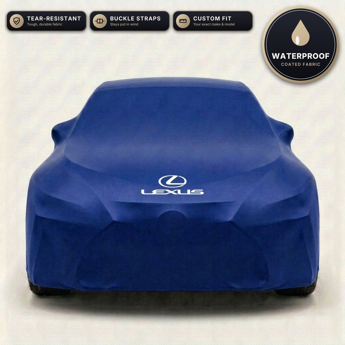 Blue Lexus outdoor car cover, waterproof and custom fit, with printed Lexus logo