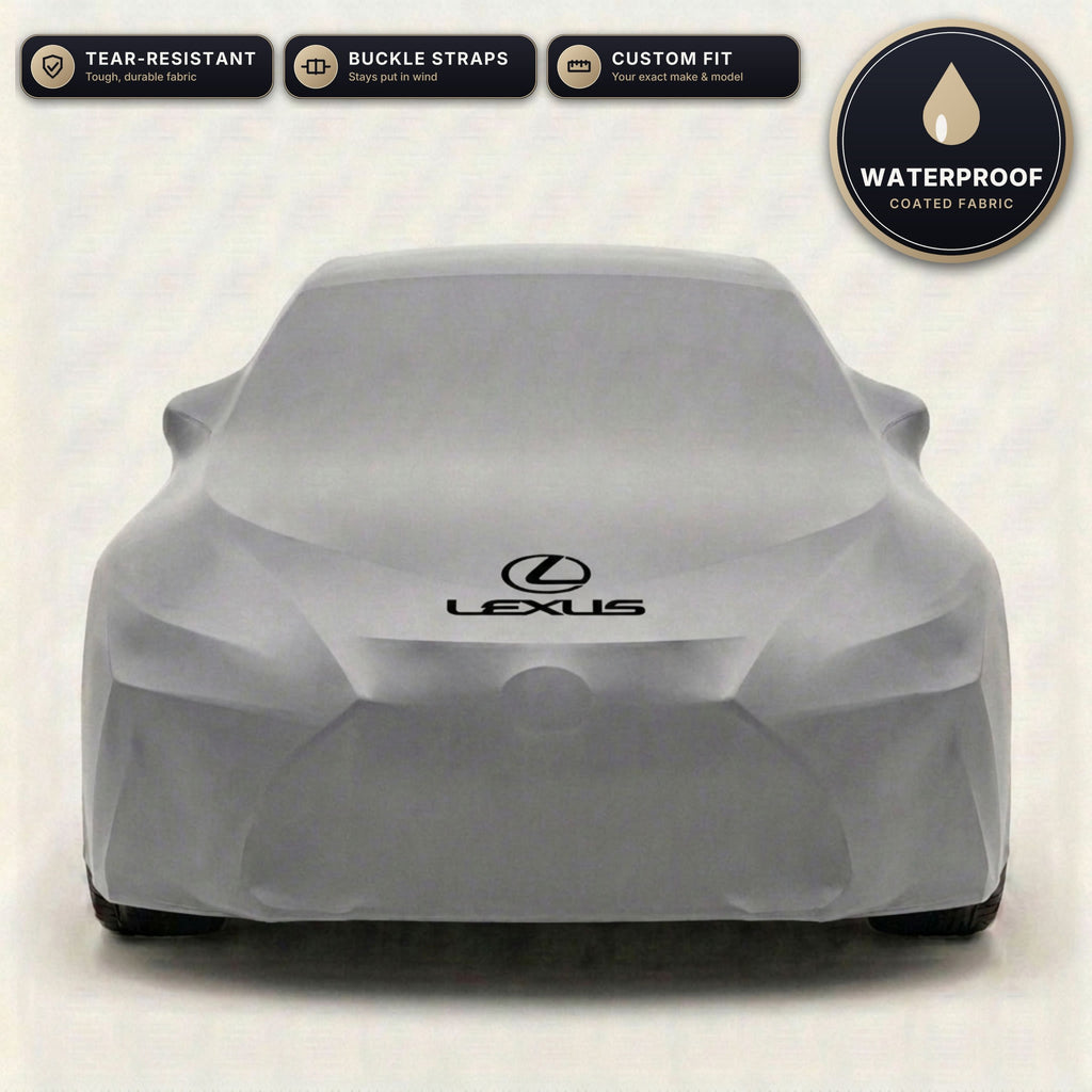Gray Lexus outdoor car cover, waterproof and custom fit, with printed Lexus logo