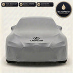 Gray Lexus outdoor car cover, waterproof and custom fit, with printed Lexus logo