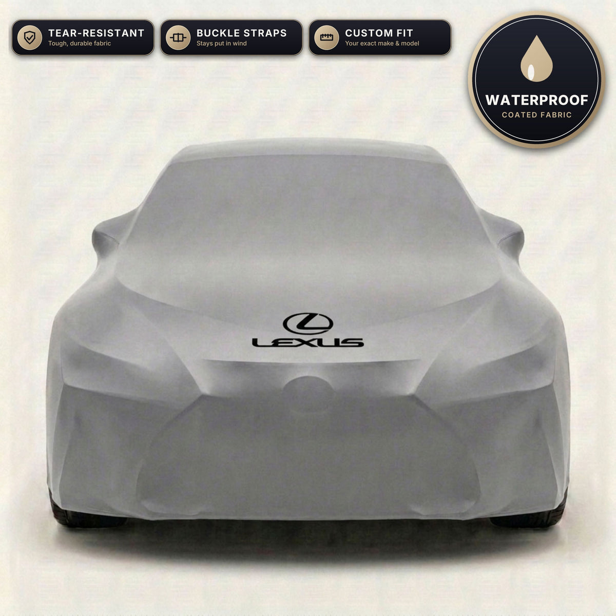 Gray Lexus outdoor car cover, waterproof and custom fit, with printed Lexus logo