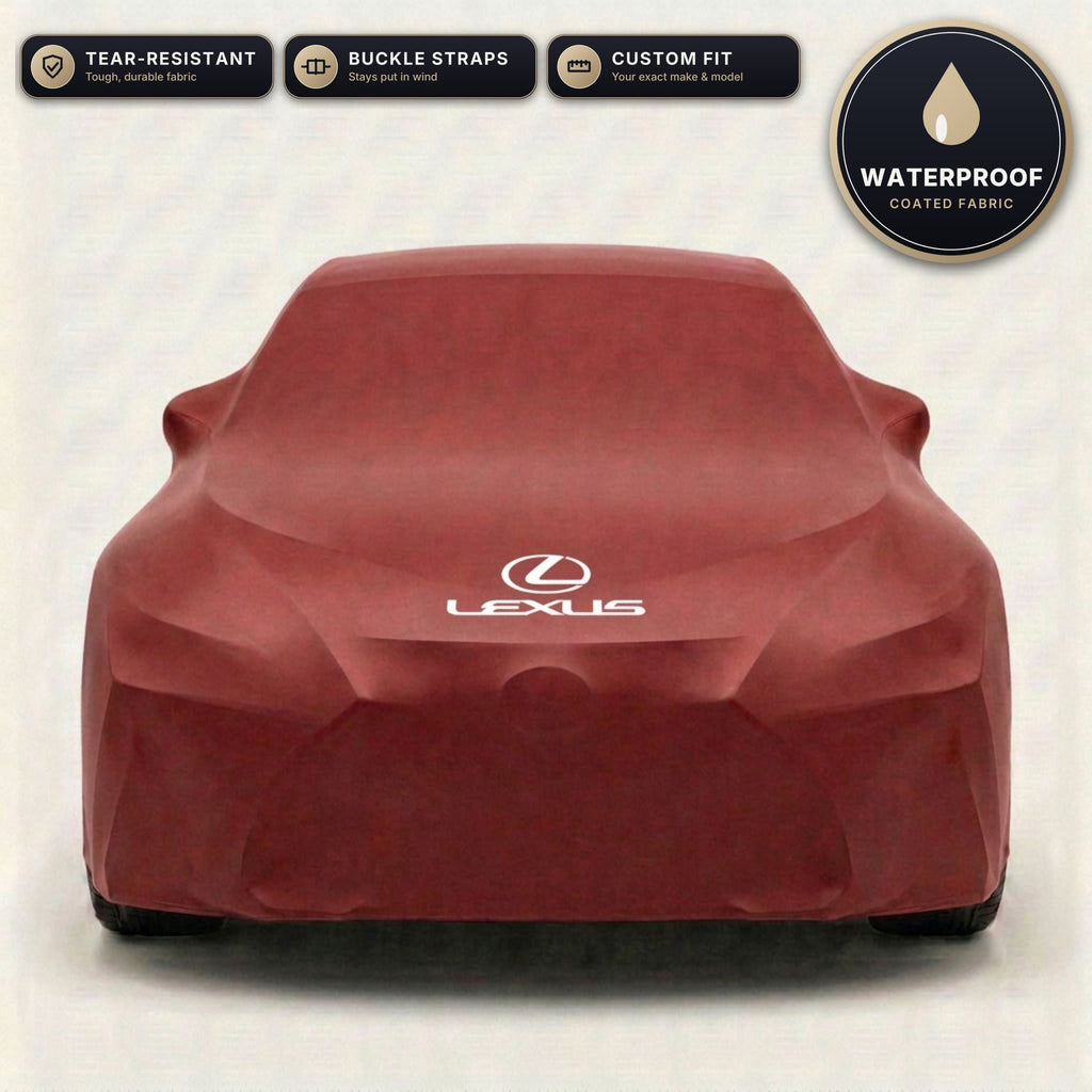 Red Lexus outdoor car cover, waterproof and custom fit, with printed Lexus logo
