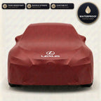 Red Lexus outdoor car cover, waterproof and custom fit, with printed Lexus logo