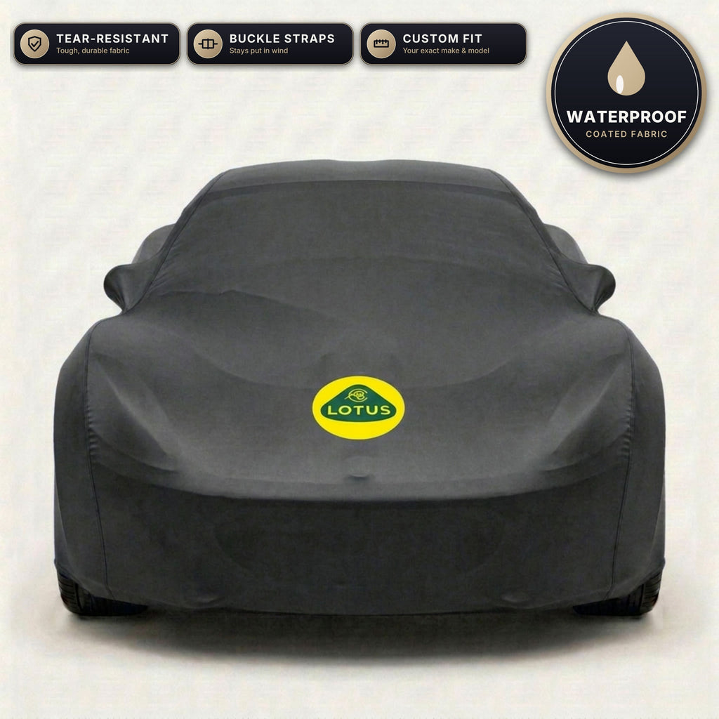 Black Lotus outdoor car cover, waterproof and custom fit, with printed Lotus logo