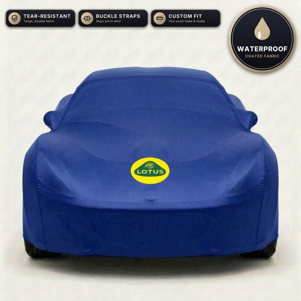Blue Lotus outdoor car cover, waterproof and custom fit, with printed Lotus logo