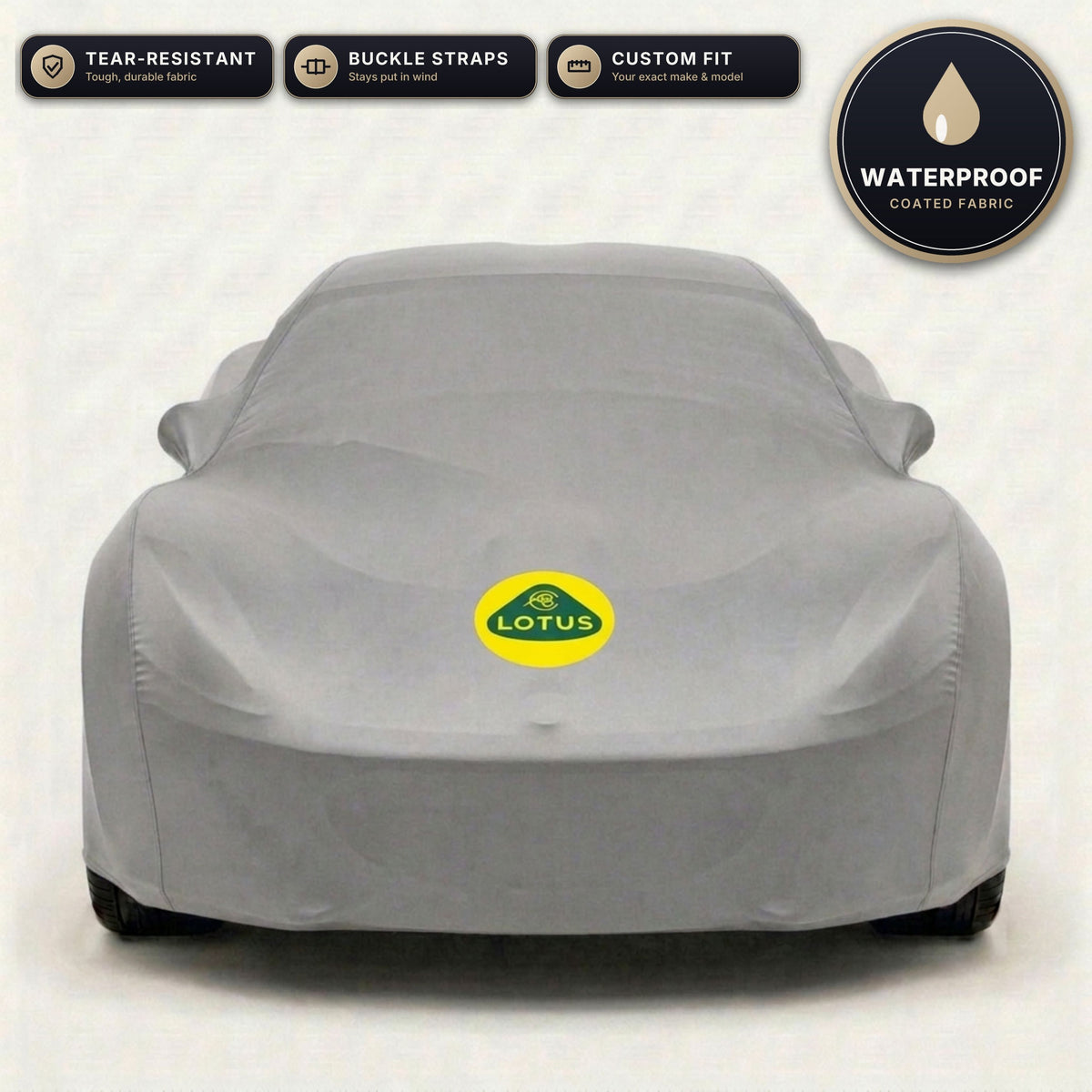Gray Lotus outdoor car cover, waterproof and custom fit, with printed Lotus logo