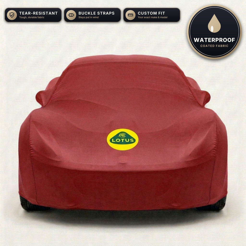 Red Lotus outdoor car cover, waterproof and custom fit, with printed Lotus logo
