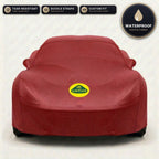 Red Lotus outdoor car cover, waterproof and custom fit, with printed Lotus logo