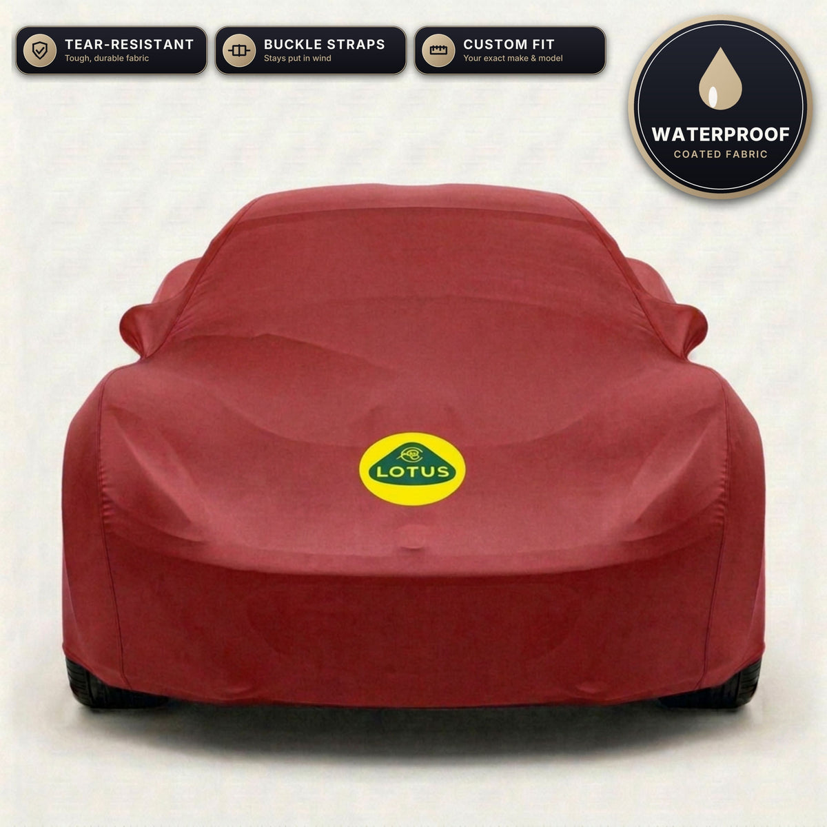 Red Lotus outdoor car cover, waterproof and custom fit, with printed Lotus logo