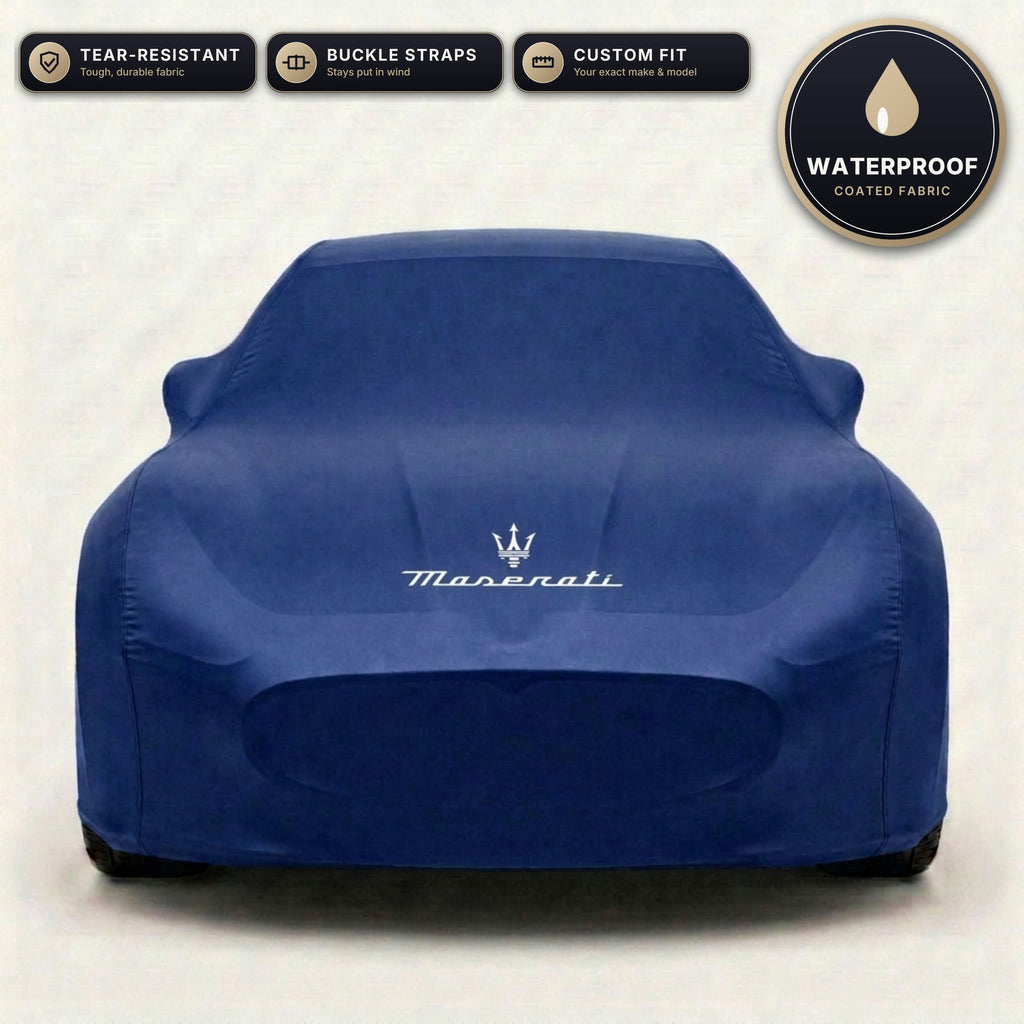Blue Maserati outdoor car cover, waterproof and custom fit, with printed Maserati logo