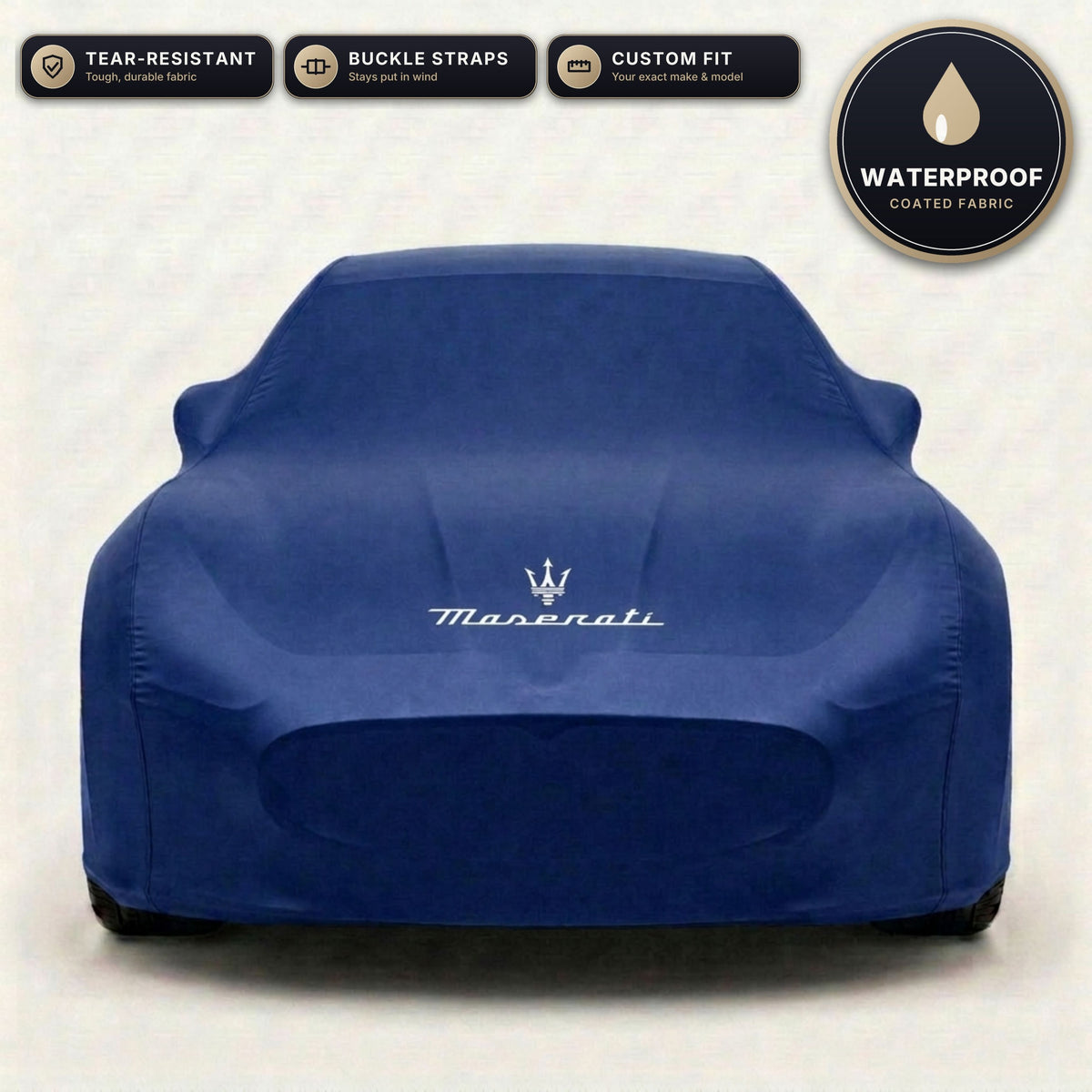 Blue Maserati outdoor car cover, waterproof and custom fit, with printed Maserati logo