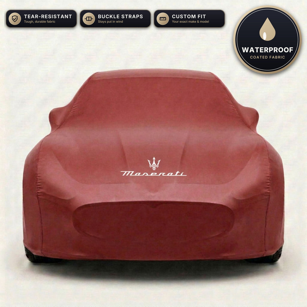 Red Maserati outdoor car cover, waterproof and custom fit, with printed Maserati logo