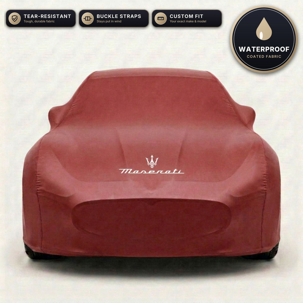 Red Maserati outdoor car cover, waterproof and custom fit, with printed Maserati logo