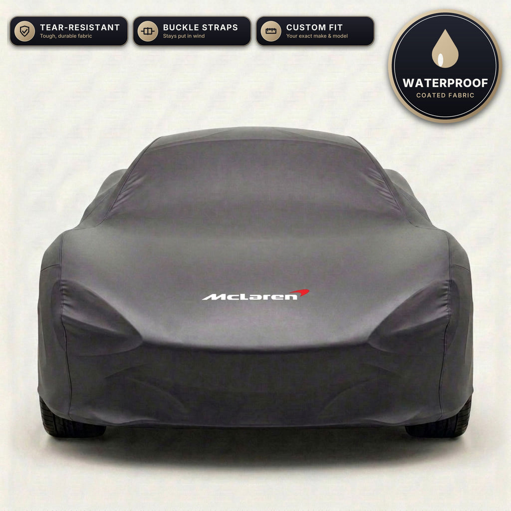 Black McLaren outdoor car cover, waterproof and custom fit, with printed McLaren logo