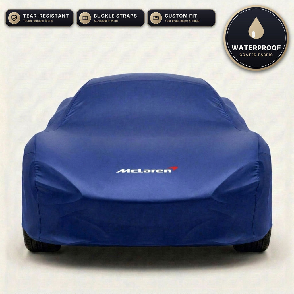 Blue McLaren outdoor car cover, waterproof and custom fit, with printed McLaren logo