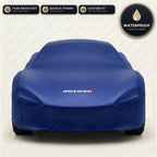 Blue McLaren outdoor car cover, waterproof and custom fit, with printed McLaren logo