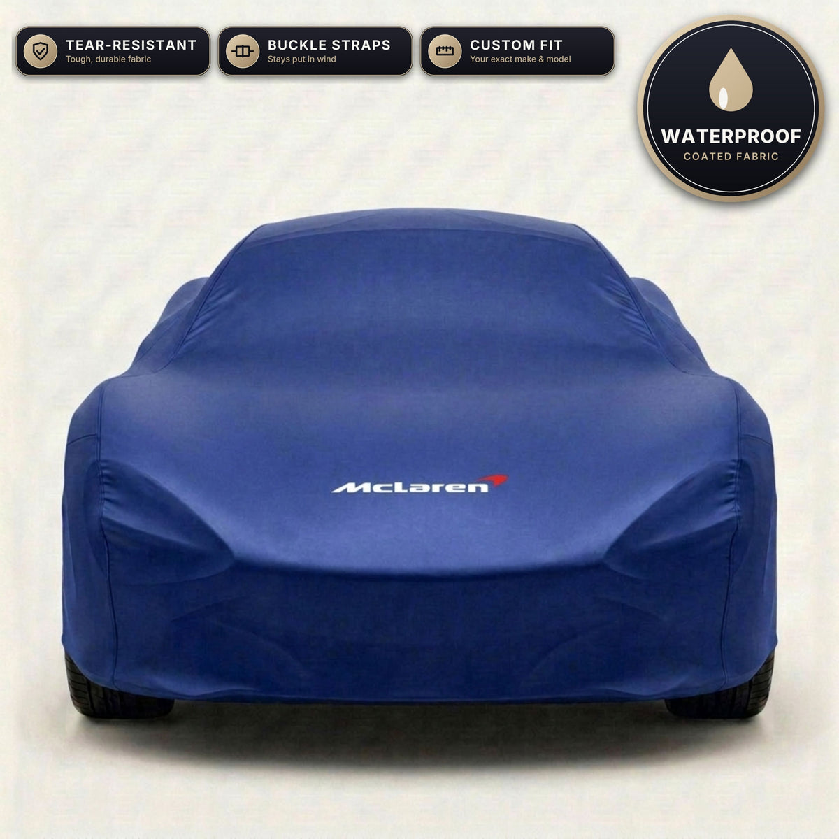 Blue McLaren outdoor car cover, waterproof and custom fit, with printed McLaren logo