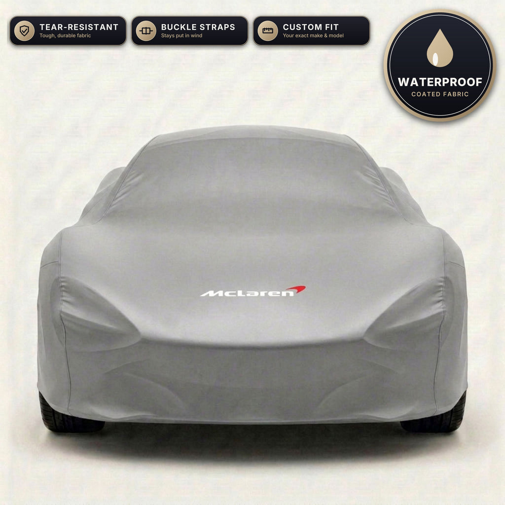 Gray McLaren outdoor car cover, waterproof and custom fit, with printed McLaren logo