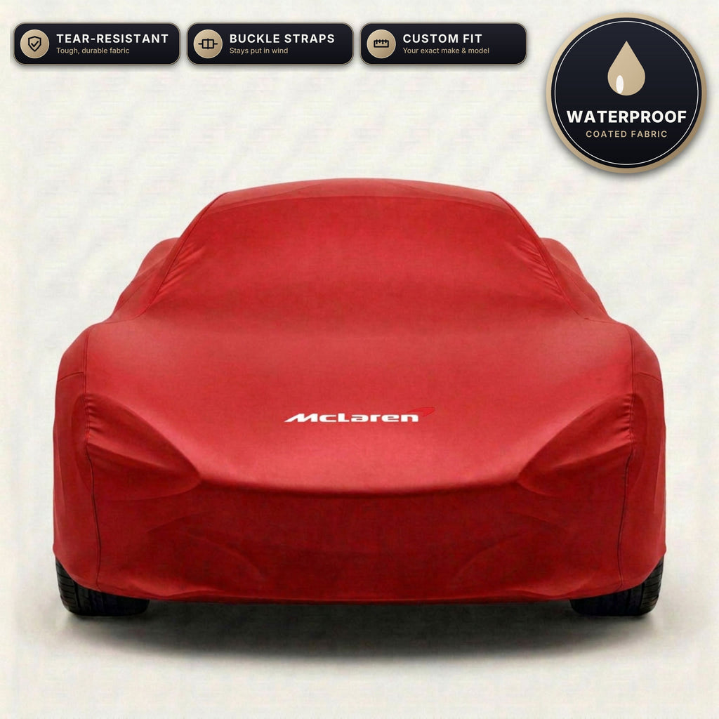 Red McLaren outdoor car cover, waterproof and custom fit, with printed McLaren logo