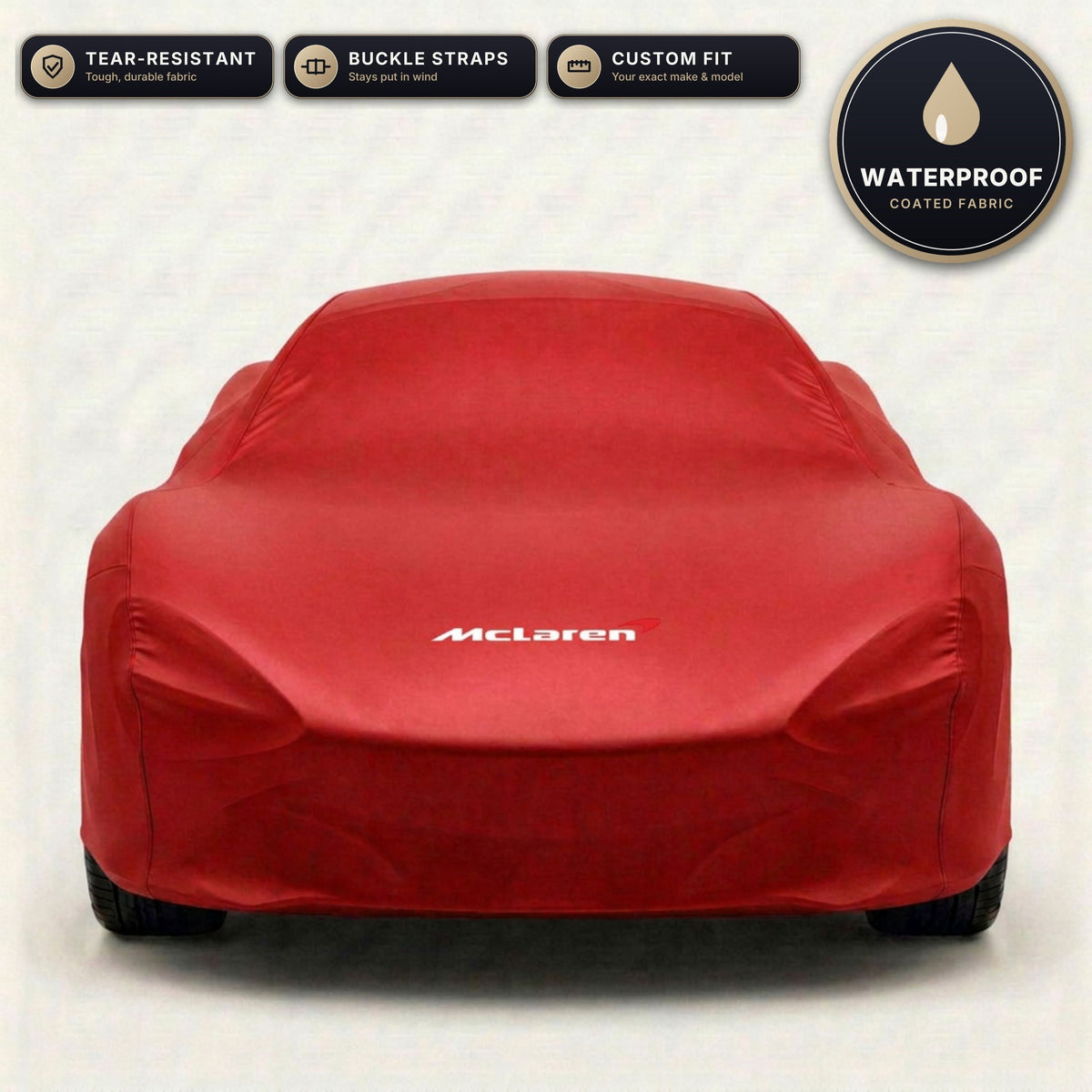 Red McLaren outdoor car cover, waterproof and custom fit, with printed McLaren logo