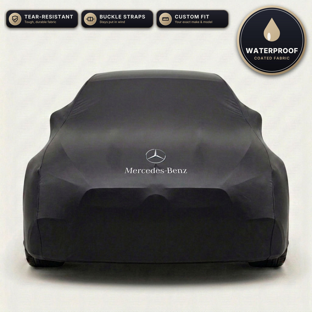 Black Mercedes-Benz outdoor car cover, waterproof and custom fit, with printed Mercedes-Benz logo