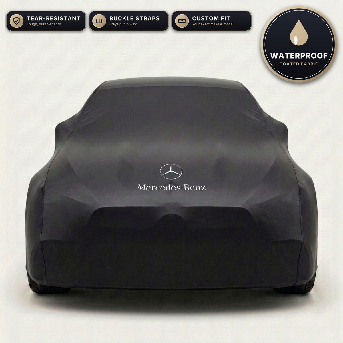 Black Mercedes-Benz outdoor car cover, waterproof and custom fit, with printed Mercedes-Benz logo