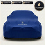 Blue Mercedes-Benz outdoor car cover, waterproof and custom fit, with printed Mercedes-Benz logo