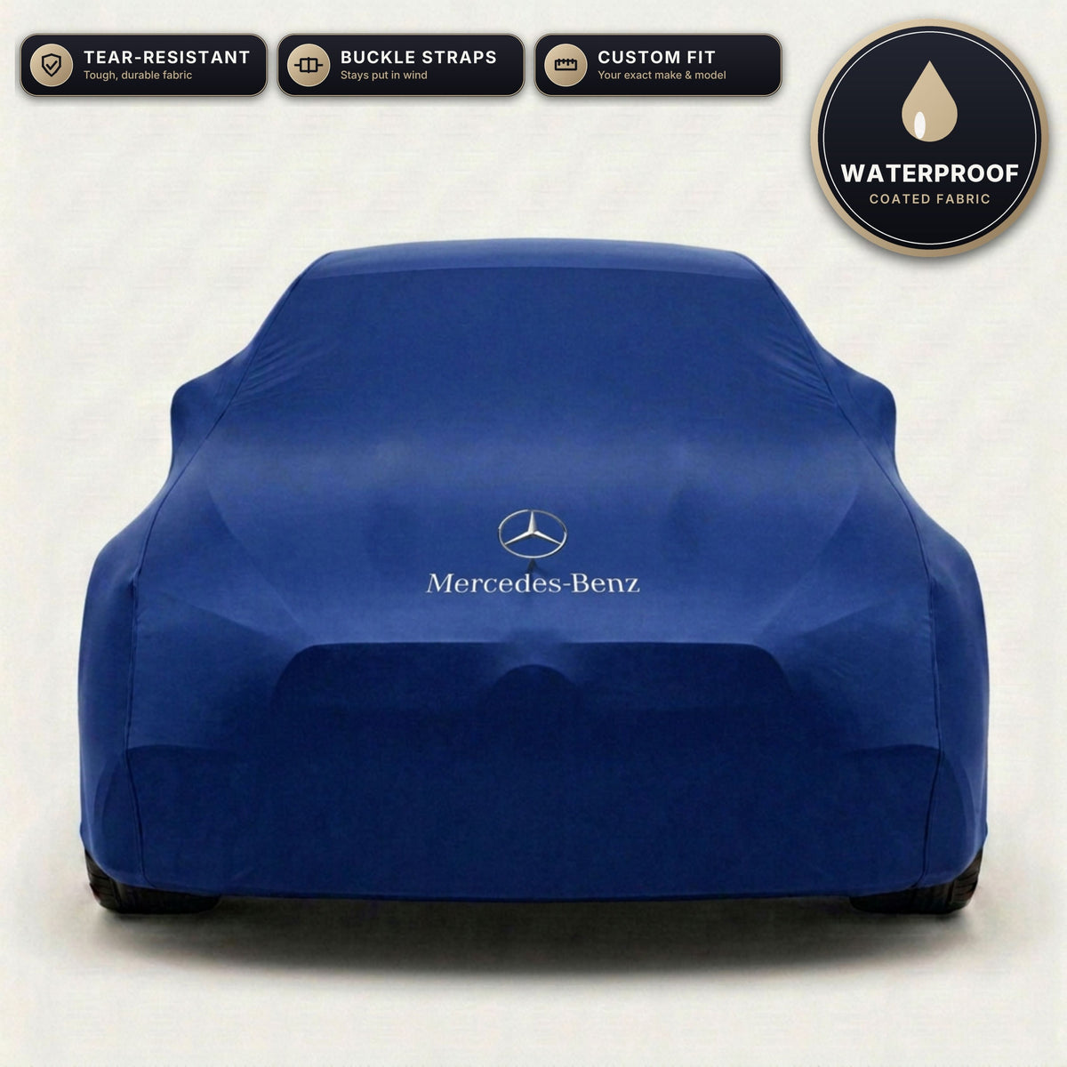 Blue Mercedes-Benz outdoor car cover, waterproof and custom fit, with printed Mercedes-Benz logo