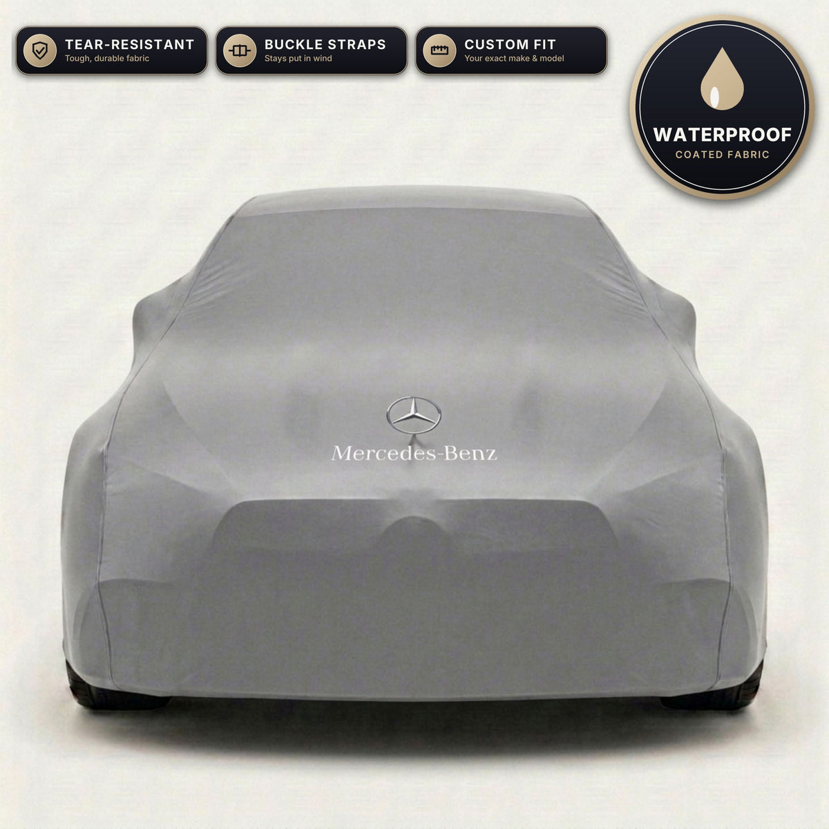 Gray Mercedes-Benz outdoor car cover, waterproof and custom fit, with printed Mercedes-Benz logo