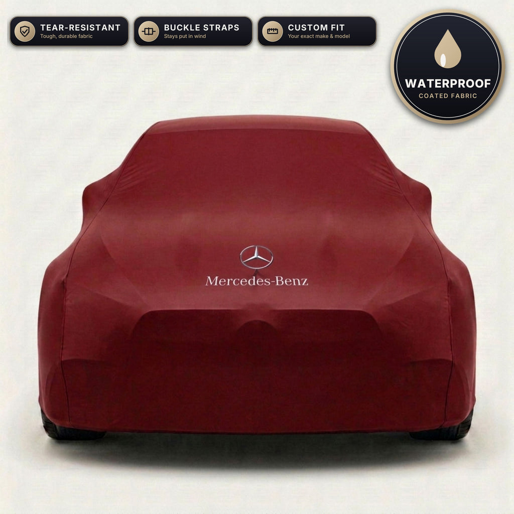 Red Mercedes-Benz outdoor car cover, waterproof and custom fit, with printed Mercedes-Benz logo
