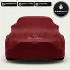 Red Mercedes-Benz outdoor car cover, waterproof and custom fit, with printed Mercedes-Benz logo