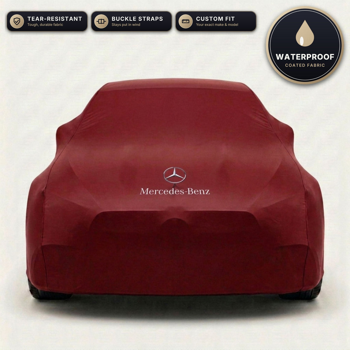 Red Mercedes-Benz outdoor car cover, waterproof and custom fit, with printed Mercedes-Benz logo