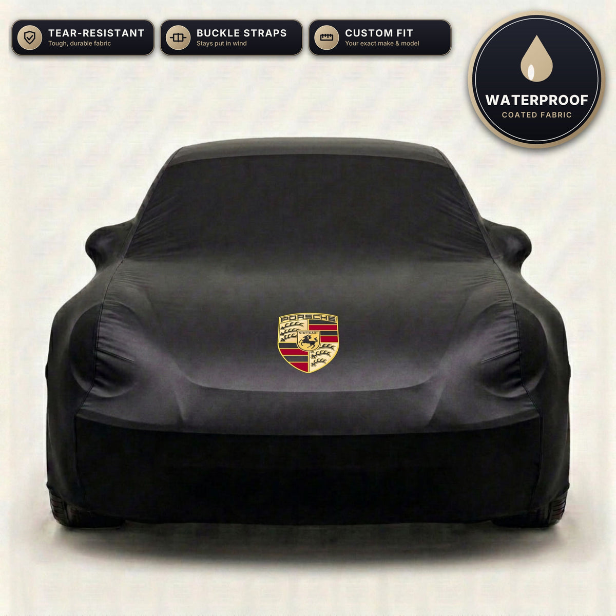 Black Porsche outdoor car cover, waterproof and custom fit, with printed Porsche logo